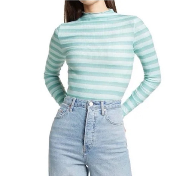 Cali Be Striped Ribbed Lettuce Mock Neck Long Sleeve Top Turquoise Size Medium - Picture 1 of 7
